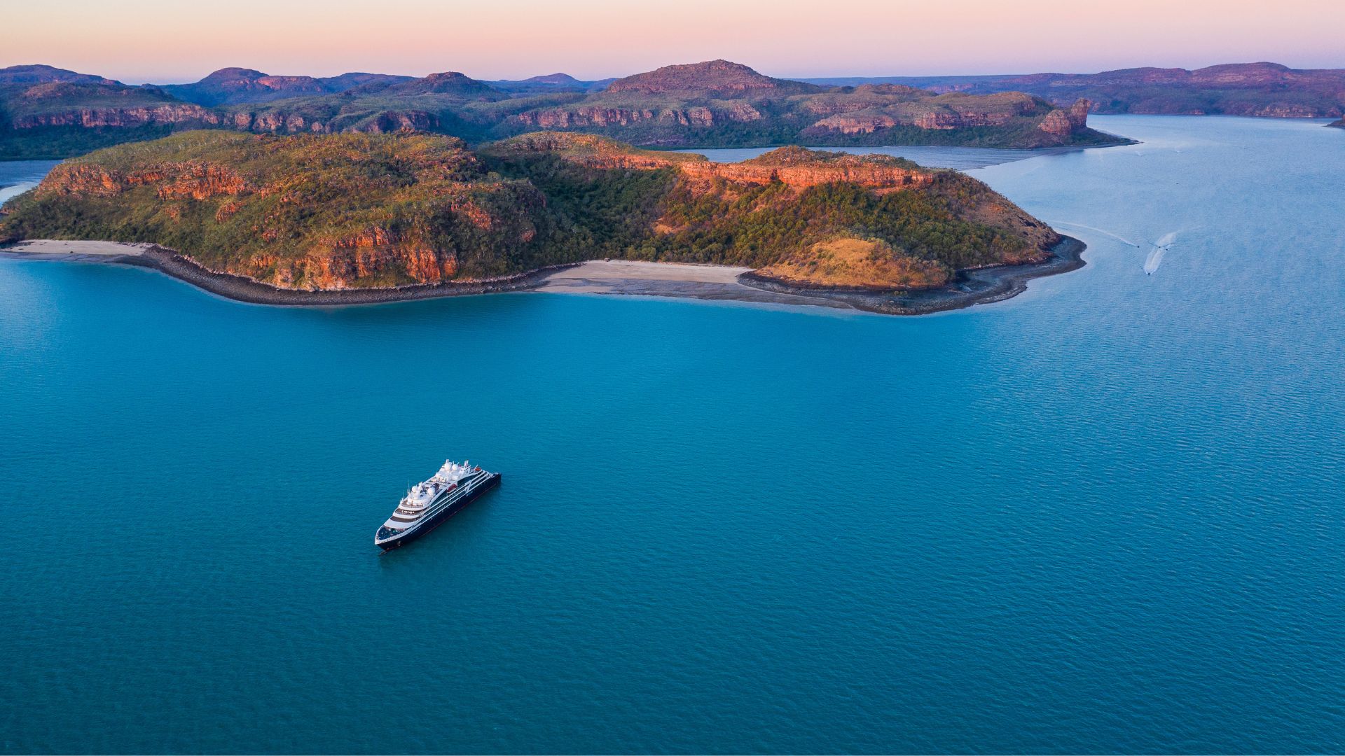 Aerial view of Ponant Cruise Ship in waters around kimberley region of Western Australia